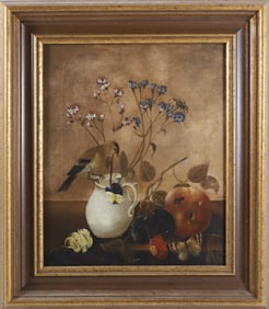 Vintage Oil on Canvas "Tabletop Still Life Flowers, Fruit, and Finch"