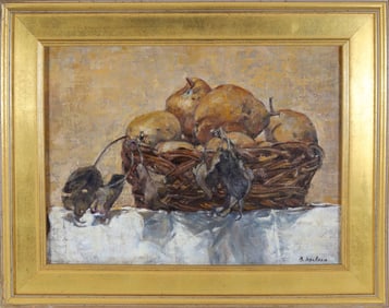 Barbara Insalaco Oil on Board "Basket of Nantucket Pears"