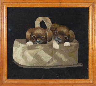 Antique Embroidery of Two Puppies in a Basket