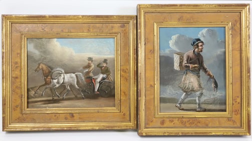 Pair of Oil Paintings on Panels "Horse and Carriage" and "Pheasant Hunter", 19th Century