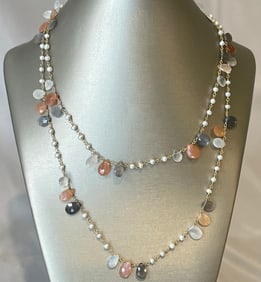 Carnelian, Aquamarine and Seed Pearl Sterling Silver Vermeil Necklace