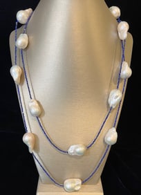 Lapis Lazuli and White Fresh Water Baroque Pearl Necklace