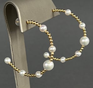 18k Yellow Gold Fresh Water Pearl Hoop Earrings