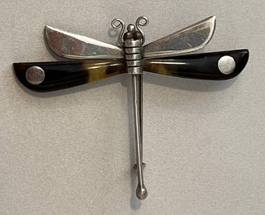 Vintage William Spratling Taxco Sterling Silver and Tortoiseshell Dragonfly Brooch Pin: Vintage William Spratling Taxco Sterling Silver and Tortoiseshell Dragonfly Brooch Pin Length 2 in. Width 2.75 in.