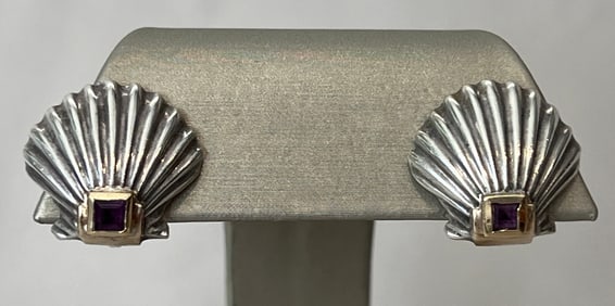 Pair of David Yurman Style Sterling Silver and 14K Gold Scallop Shell Earrings