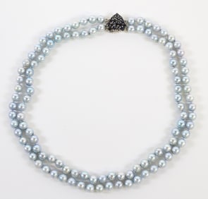 7mm Gray Freshwater Pearl Double Strand Necklace, 14k Gold Clasp