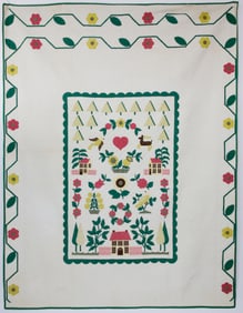 Folk Art American Applique Quilt circa 1940s