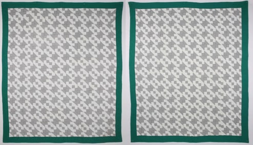Pair of "Hour Glass" Pattern Patchwork Quilts with Green Borders, circa 1930s