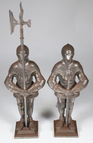 Pair of Polished Steel Figural Knights Fireplace Tool Set Holders