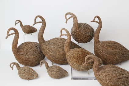 Flock of Nine Folk Art Branch-Work and Twine Geese
