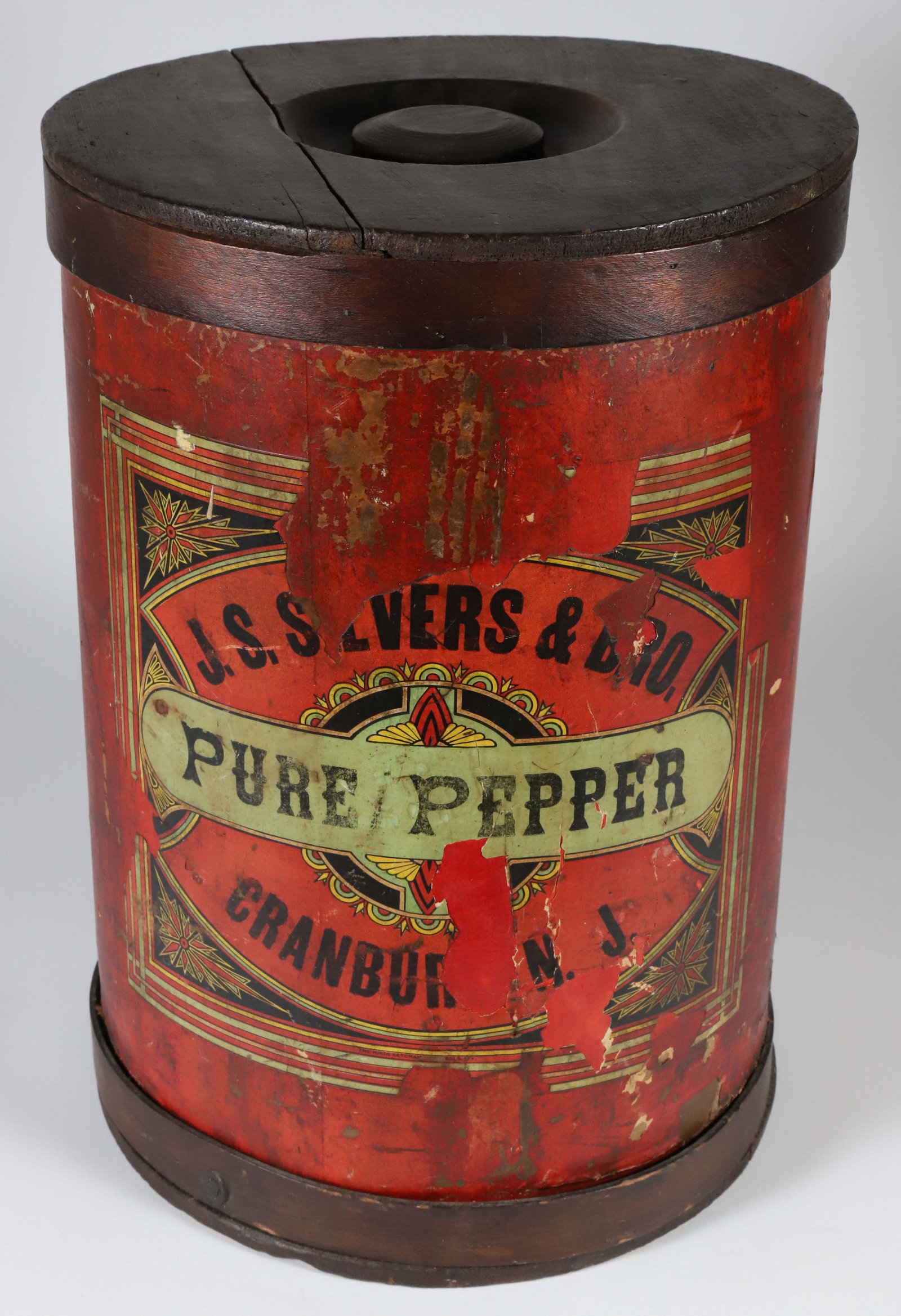 Antique J.S. Silvers & Bro. Pure Pepper Container: Antique J.S. Silvers & Bro. Pure Pepper Container Height 17 in. Diameter 12 in.