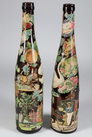 Pair of Vintage Decoupage Wine Bottles