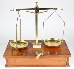 19th Century Brass Scale on Wood Stand with One Drawer