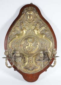Antique Spanish Brass Repousse Four-Light Candelabra Wall Sconce