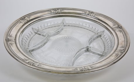 Cut Crystal and Sterling Silver Sectional Condiment Circular Platter