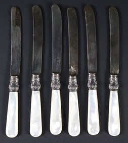 Set of Six Sterling Silver Clasp and Mother of Pearl Handle Fruit Knives