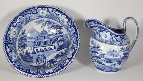 1820 "Indian" Pattern Blue and White Pitcher and Basin