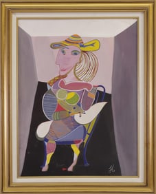 Tempera on Artist Board "Modern Portrait of a Lady Sitting on a Blue Chair"