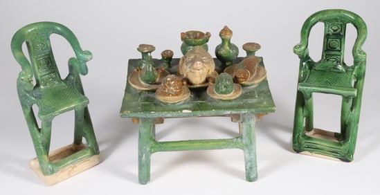 Miniature Chinese Pottery "Feast" Table with Two Ming Emperor and Empress Chairs