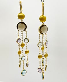 Pair Blue Topaz, Green and Lavender Amethyst, Smokey Quartz Sterling Silver Vermeil Earrings
