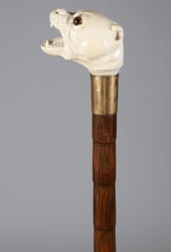 Antique Walking Stick Depicting a Carved Barking Bulldog with Glass Eyes, 19th Century
