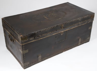 Chinese Export Leather Covered Brass Bound Camphorwood Trunk, 19th Century