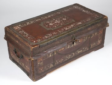 Leather Wrapped Floral Painted Chinese Export Camphorwood Trunk, 19th Century