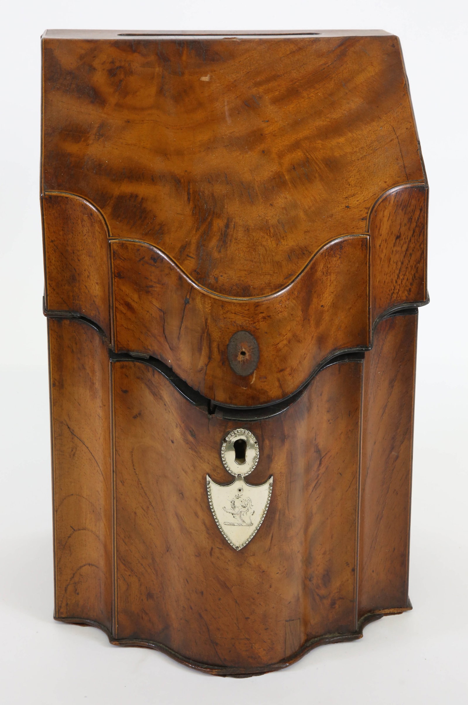 Mahogany Shaped Letter Box, 18th Century: Mahogany Shaped Letter Box, 18th Century, with silver plated key hole escutcheon and engraved shield Height 12 in. Width 8 in. Depth 8 in.