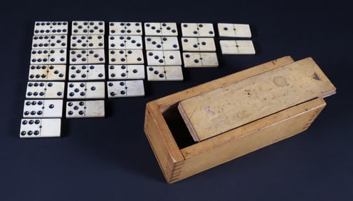 Antique Boxed Set of Bone and Ebony Dominoes, Twenty-Seven Pieces