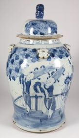 Chinese Blue and White Canton Style Covered Temple Jar