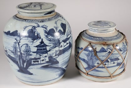 Two Chinese Export Canton Blue and White Covered Ginger Jars, 19th Century
