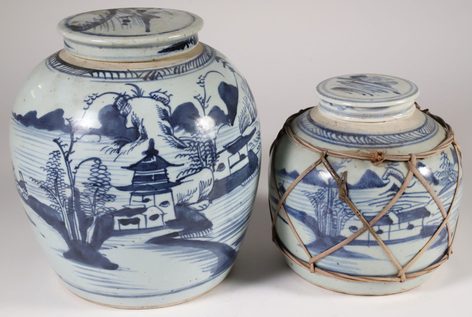 Two Chinese Export Canton Blue and White Covered Ginger Jars, 19th Century (1 of 6)
