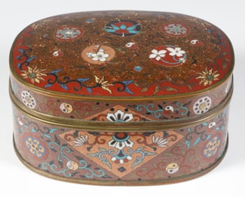 Chinese Cloisonne Aventurine Ground Covered Oval Box with Yin Yang Motif, 19th Century