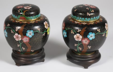 Pair of Antique Petite Chinese Cloisonne Covered Ginger Jars