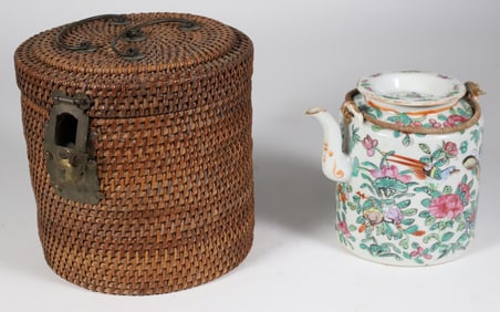 Antique Chinese Porcelain Teapot and Wicker Cozy