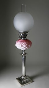 Silver Plated Corinthian Column Kerosene Lamp with Pink Puffy Glass Shade, 19th Century