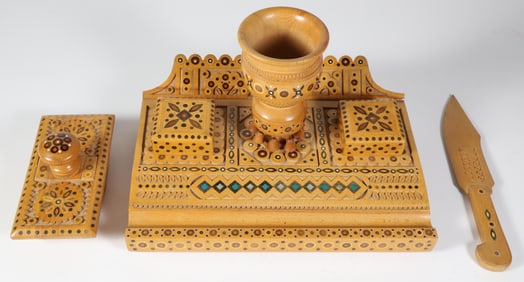 Antique Multi-Wood Inlaid Desk Set