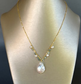 Baroque Pearls with Aquamarine Bead Accents Sterling Silver Vermeil Necklace