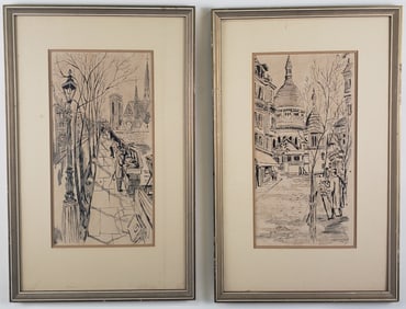 Pair of Vintage S. Tate European Black and White Pen and Ink Drawings, 20th century