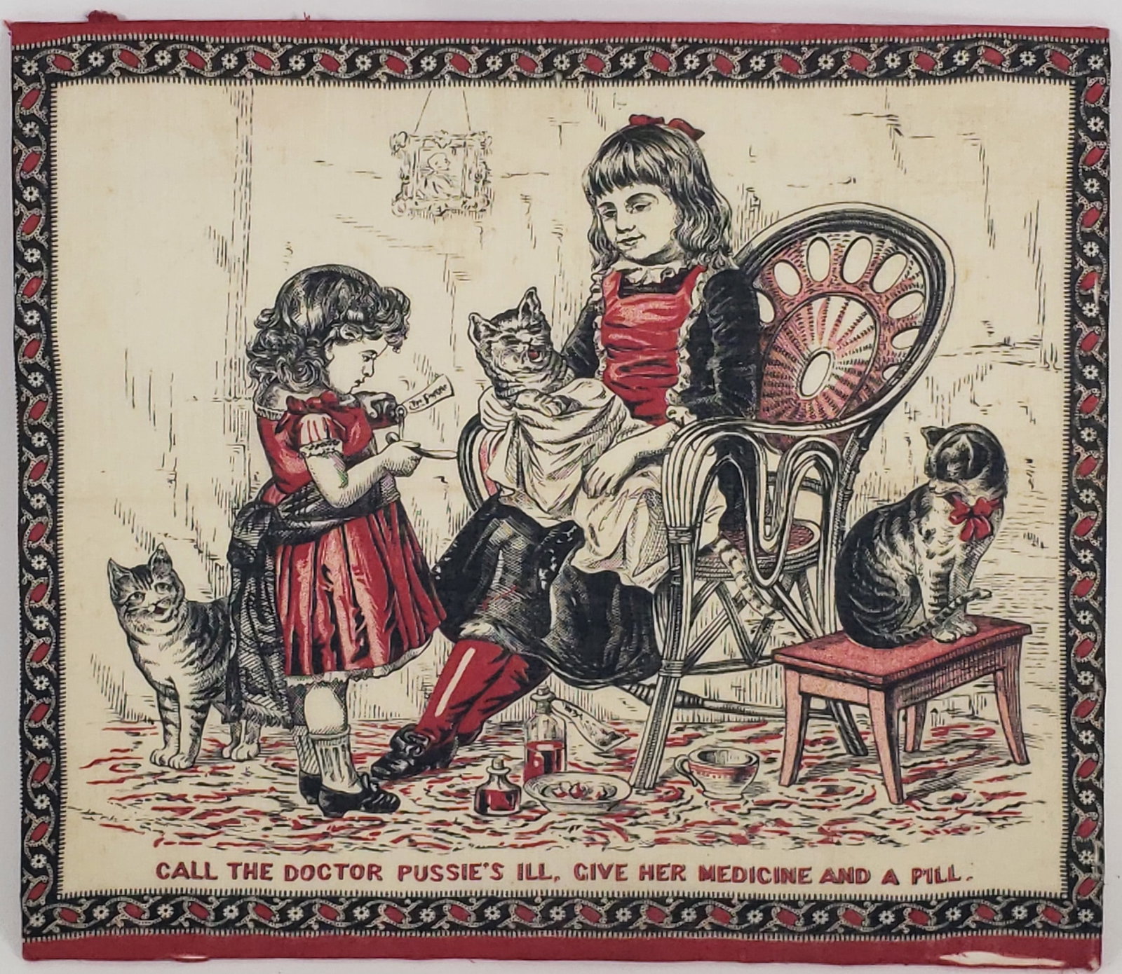 Vintage Pictorial Cat and Kitten Handkerchief, "Call the Doctor Pussie's Ill, Give Her Medicine and (1 of 3)