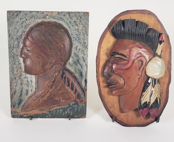Two Antique and Vintage Carved and Painted Native American Bust Plaques