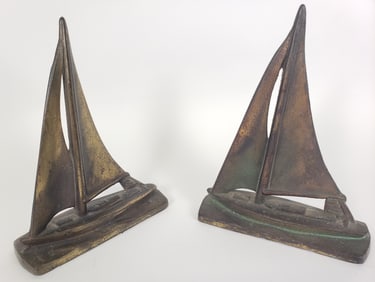 Pair of Antique Figural Bronze Sailboat Bookends, circa 1920s