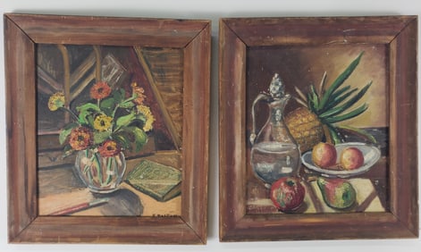 Pair of Antique E. Dalton Oil on Board Still Life Paintings