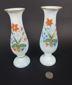 Pair of Vintage Floral Decorated Milk Glass Bud Vases
