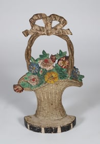 Antique Cast Iron Polychromed Floral Basket Doorstop