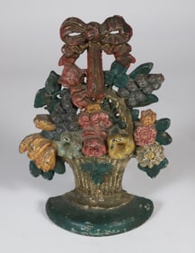 Antique Cast Iron Polychromed Floral Basket Doorstop