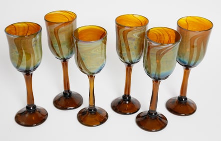 Set of Six Handblown Art Glass Wine Goblets Signed Jalitha '84