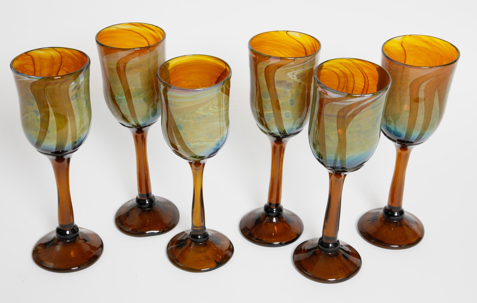 Set of Six Handblown Art Glass Wine Goblets Signed Jalitha '84: Set of Six Handblown Art Glass Wine Goblets Signed Jalitha '84 Height 9 in. Diameter 2.75 in.