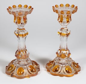 Pair of Sandwich Glass Amber Cut to Clear Candlesticks, 19th Century