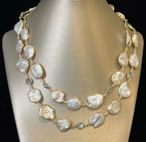 Fresh Water Baroque Pearl and Faceted Aquamarine Sterling Silver Vermeil Necklace